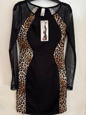 Angel Brinks Leopard, Black Print Bodycon Dress M